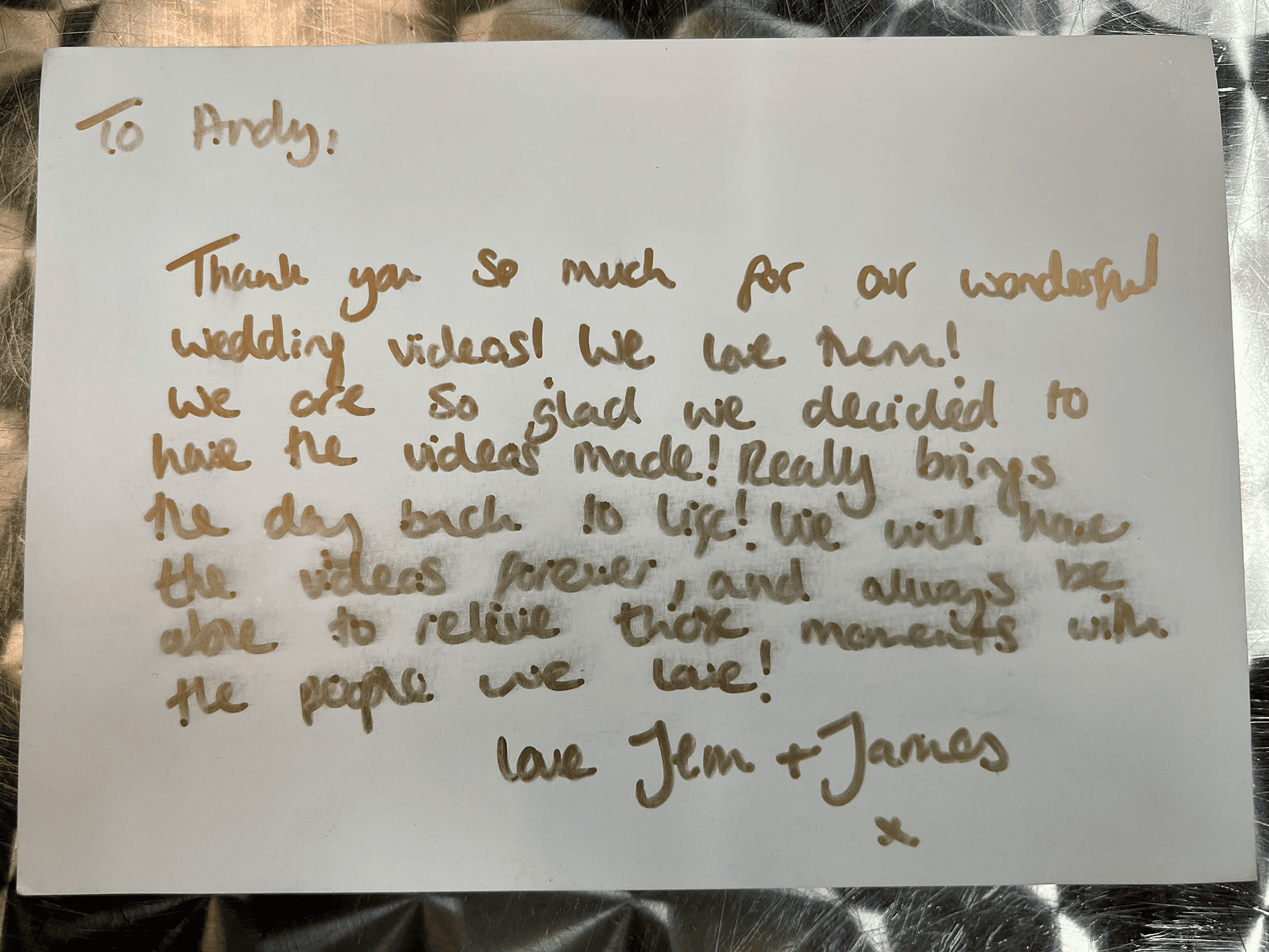 Thank you card from bride for wedding video. Hand written